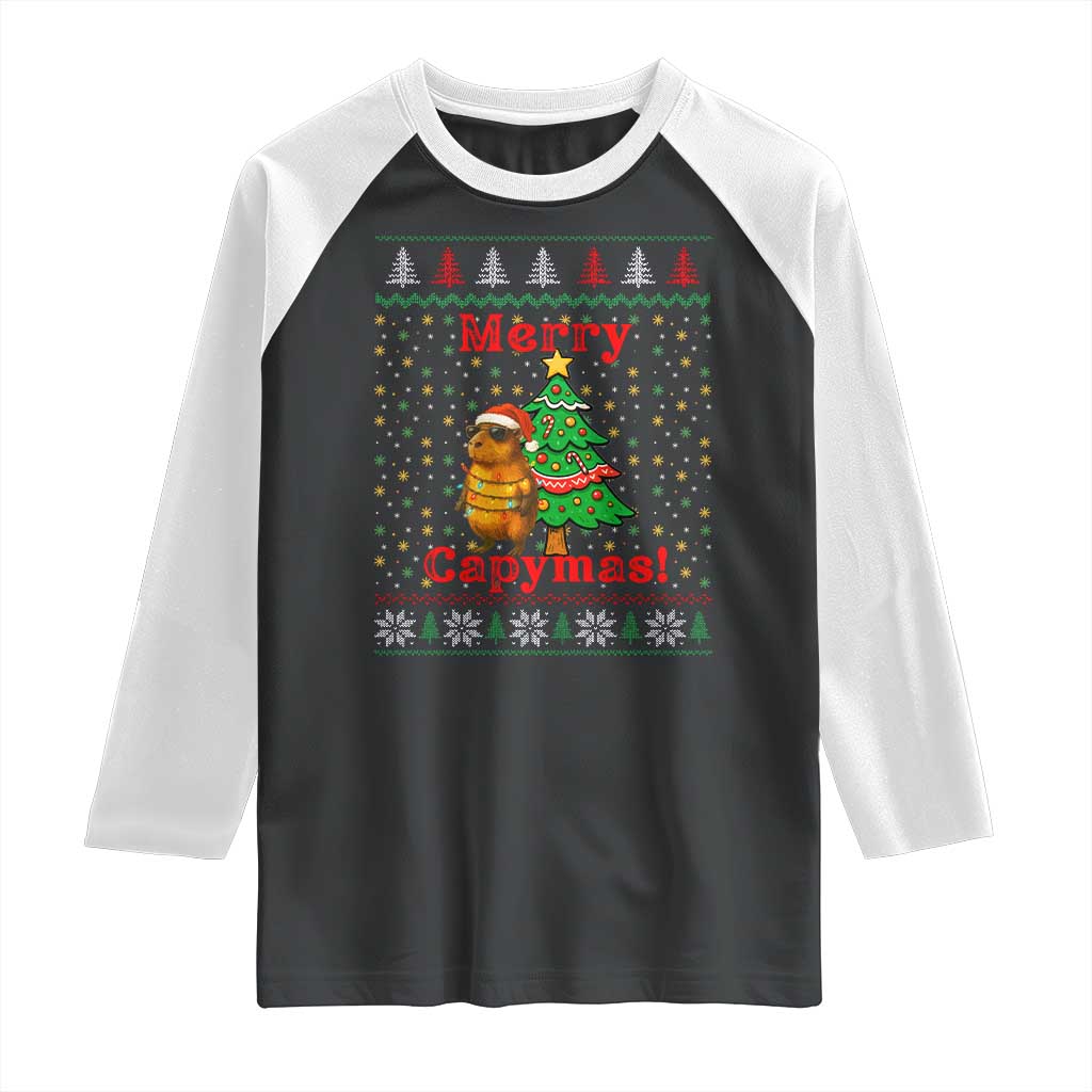 Funny Merry Capymas Raglan Shirt Capybara Christmas Party TS12 Black White Print Your Wear
