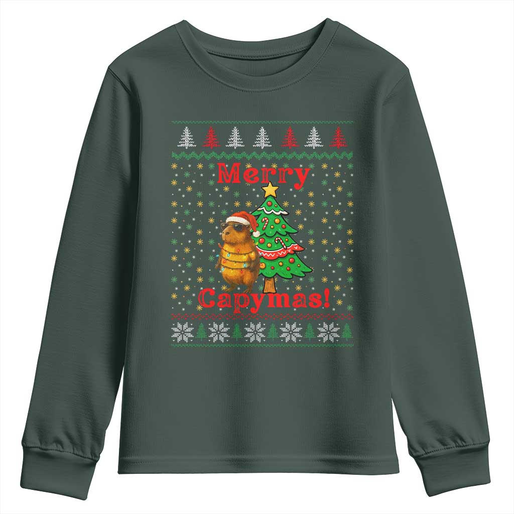 Funny Merry Capymas Youth Sweatshirt Capybara Christmas Party TS12 Dark Forest Green Print Your Wear