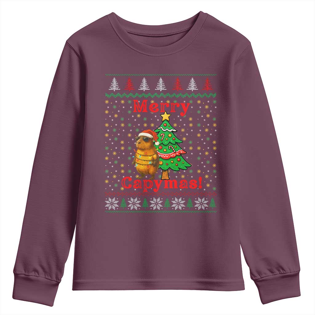 Funny Merry Capymas Youth Sweatshirt Capybara Christmas Party TS12 Maroon Print Your Wear