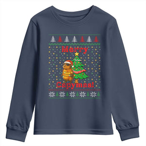 Funny Merry Capymas Youth Sweatshirt Capybara Christmas Party TS12 Navy Print Your Wear