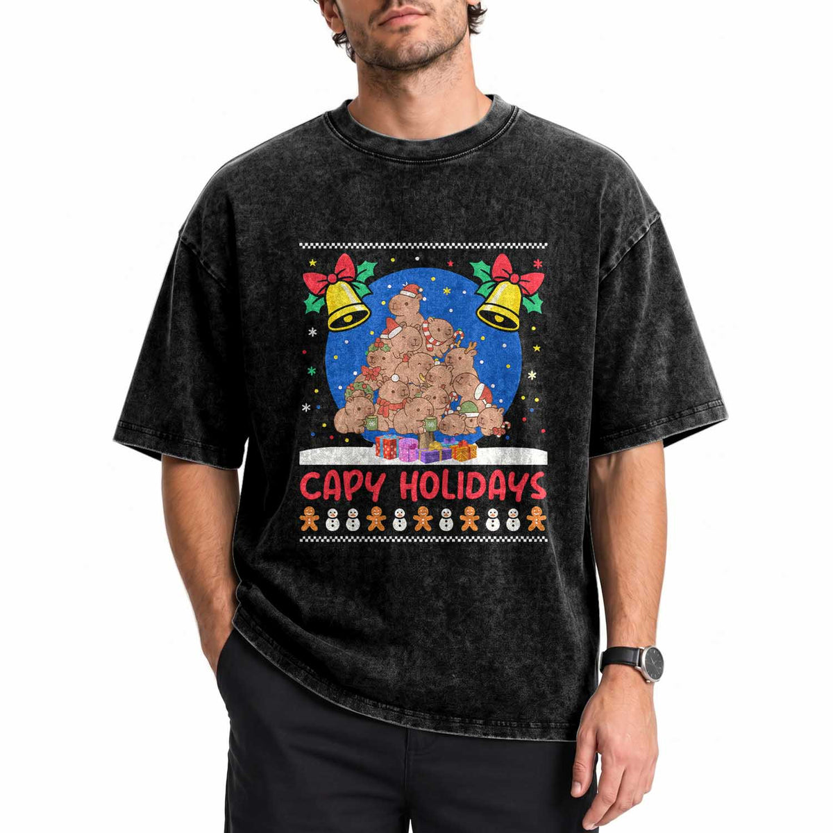 Capybara Christmas Tree Washed Cotton T-Shirt Funny Capy Holidays Gift