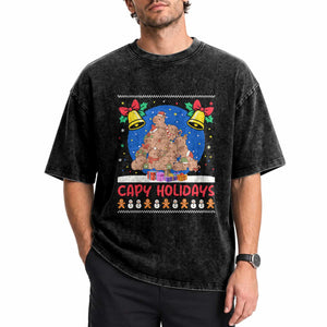Capybara Christmas Tree Washed Cotton T-Shirt Funny Capy Holidays Gift