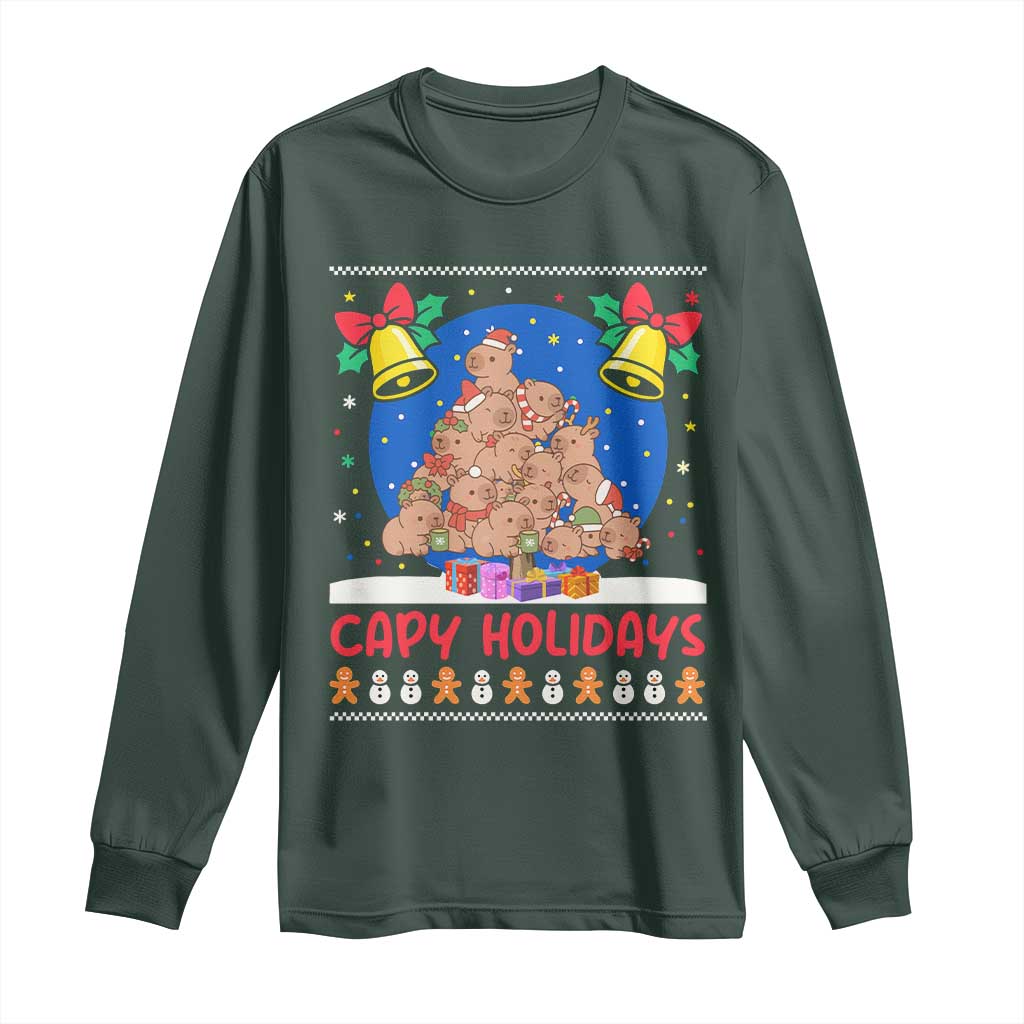 Capybara Christmas Tree Long Sleeve Shirt Funny Capy Holidays Gift TS12 Dark Forest Green Print Your Wear