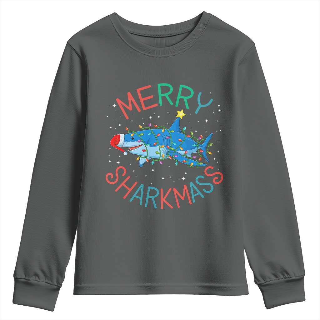 Christmas Shark Youth Sweatshirt Funny Merry Sharkmas Xmas Gift TS12 Dark Heather Print Your Wear
