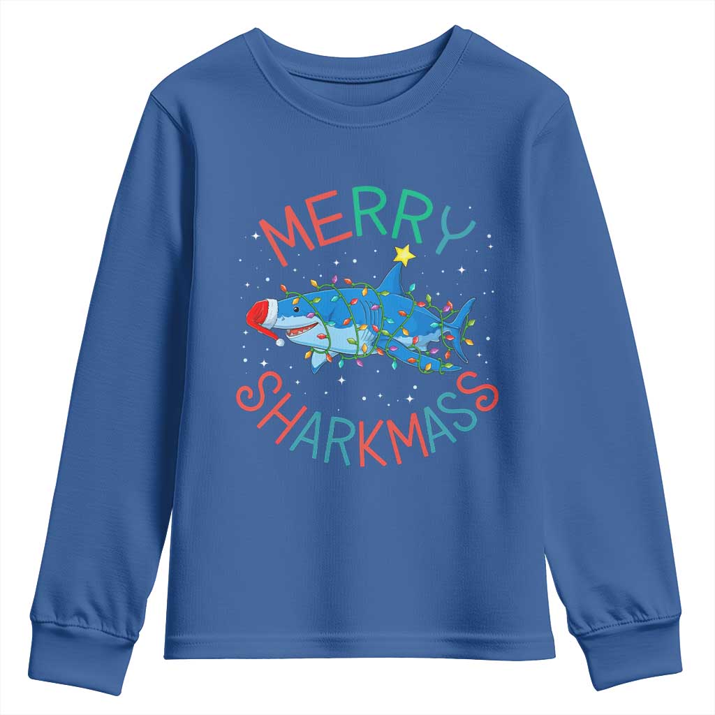 Christmas Shark Youth Sweatshirt Funny Merry Sharkmas Xmas Gift TS12 Royal Blue Print Your Wear