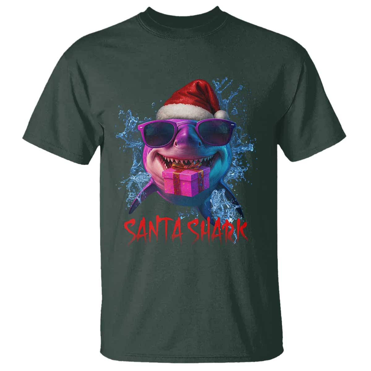 Funny Christmas Santa Shark Xmas Gift T Shirt TS12 Dark Forest Green Print Your Wear