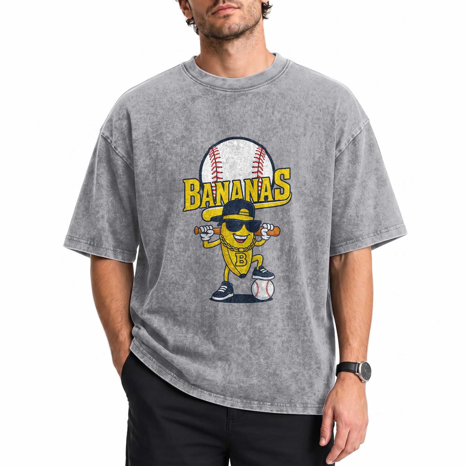 Cool Banana Playing Baseball Washed Cotton T-Shirt Funny Fruit Sports Gift