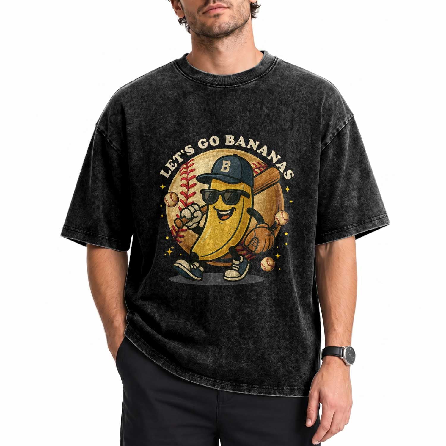 Funny Banana Baseball Washed Cotton T-Shirt Sports Humor Banana Baseball