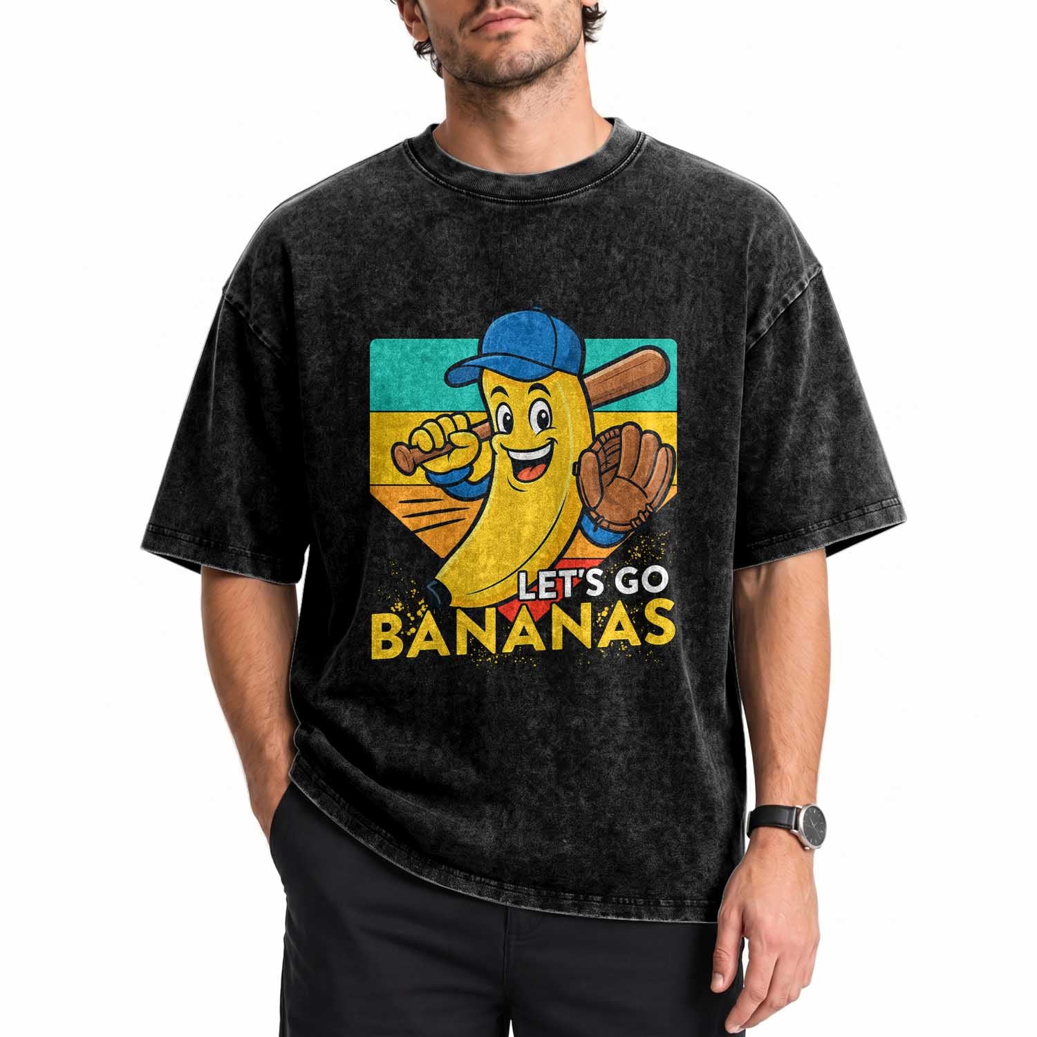Lets Go Bananas Washed Cotton T-Shirt Funny Banana Baseball Fruit Sports Gift