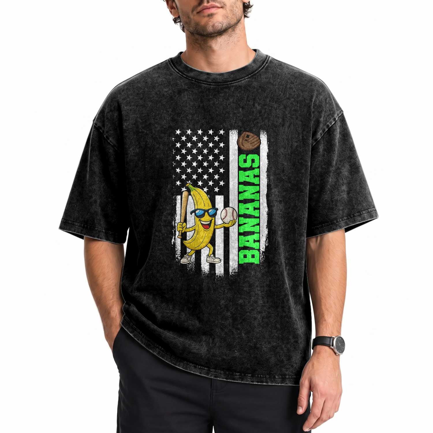 Banana Playing Baseball Lover Washed Cotton T-Shirt Retro American Flag