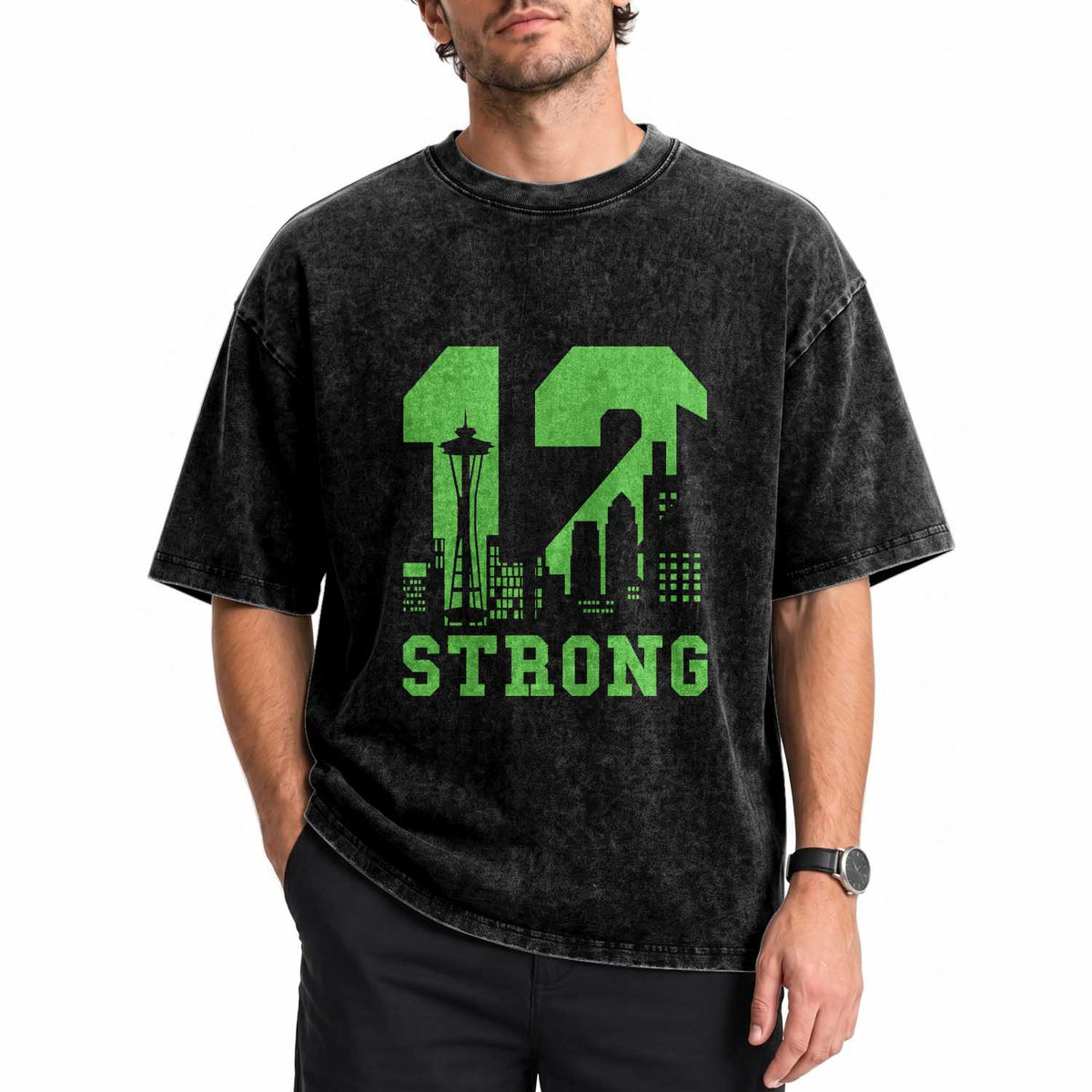 Space Needle Emerald City Skyline Number 12 Typography Washed Cotton T-Shirt Pacific Northwest Fan Pride
