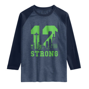 Space Needle Emerald City Skyline Number 12 Typography Raglan Shirt Pacific Northwest Fan Pride TS12 Heather Denim Navy Print Your Wear