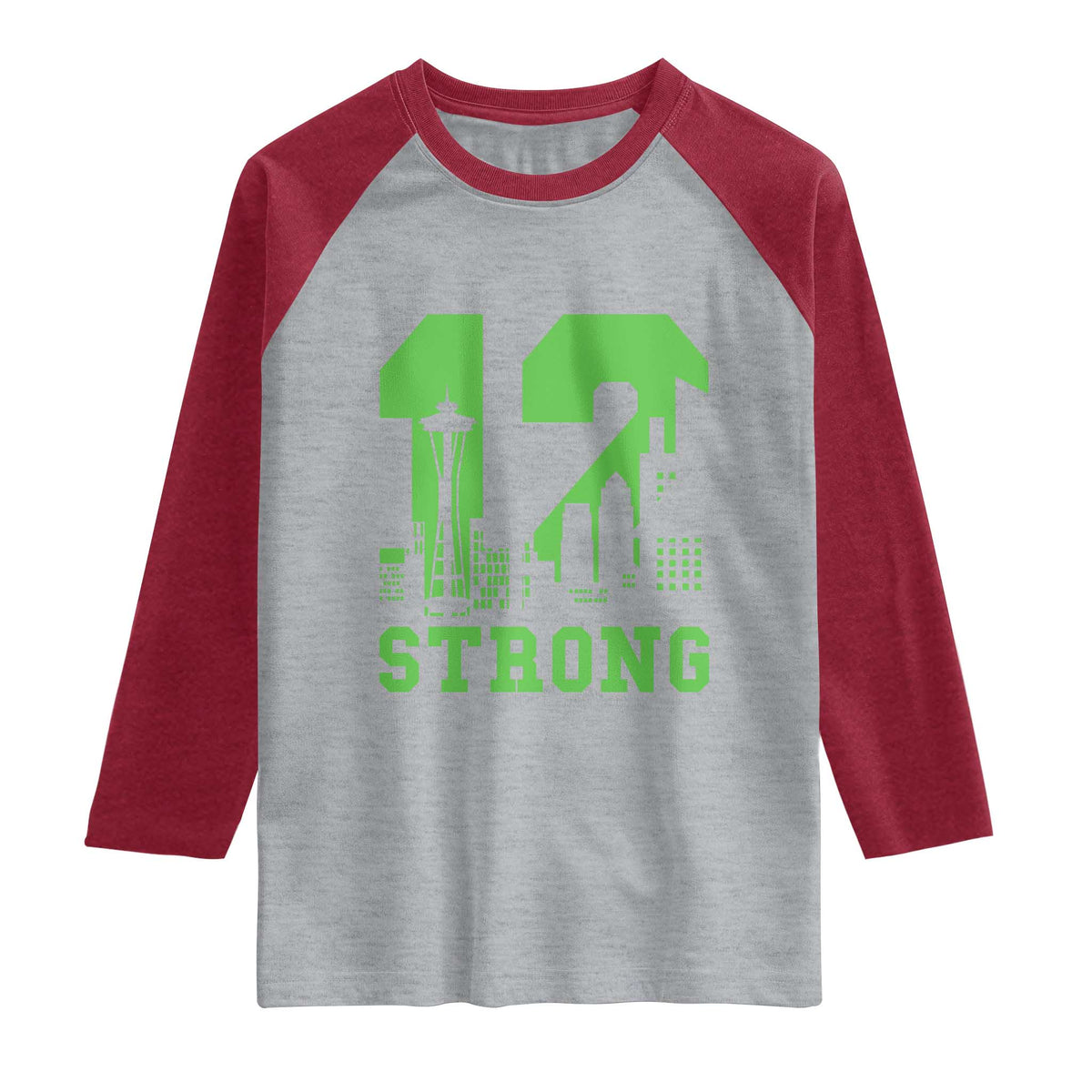 Space Needle Emerald City Skyline Number 12 Typography Raglan Shirt Pacific Northwest Fan Pride TS12 Heather Gray Heather Red Print Your Wear