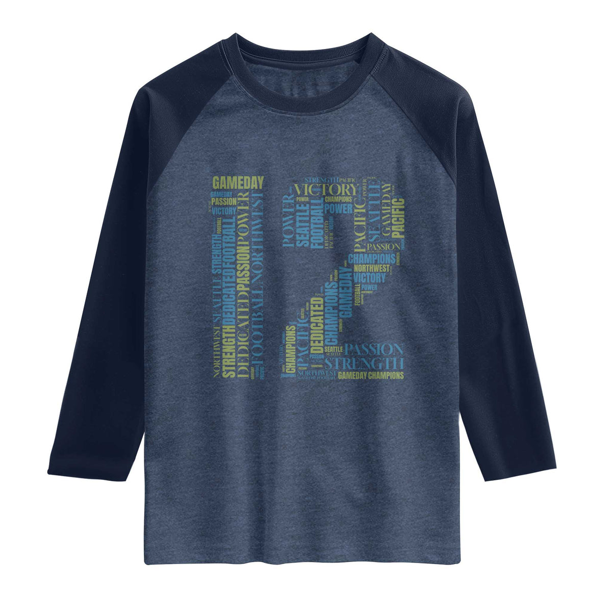 Victory And Strength Number 12 Typography Raglan Shirt Gift For Football Lovers TS12 Heather Denim Navy Print Your Wear
