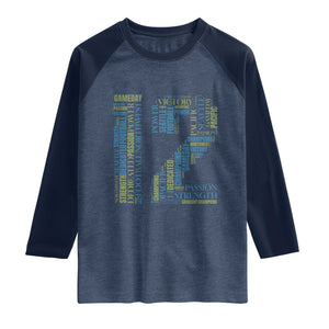 Victory And Strength Number 12 Typography Raglan Shirt Gift For Football Lovers TS12 Heather Denim Navy Print Your Wear