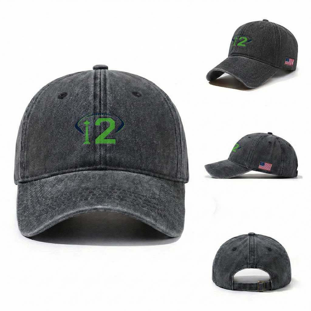 Space Needle Emerald City Number 12 Washed Cotton Baseball Cap Sports Fan Pride TS12 Washed Cap Universal Fit Dark Gray Print Your Wear