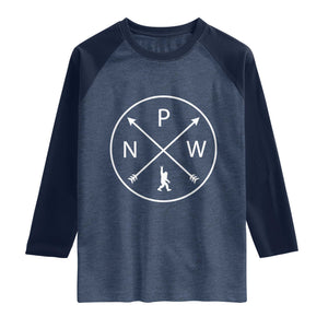 PNW Bigfoot Crossed Arrows Pacific Northwest Pride Raglan Shirt TS12 Heather Denim Navy Print Your Wear