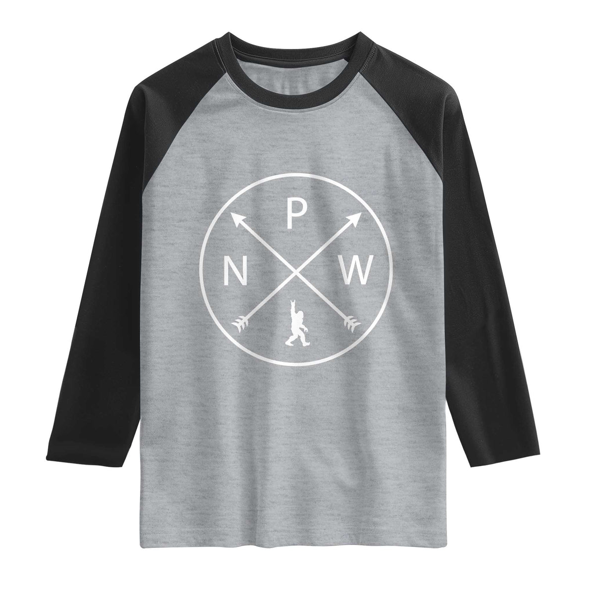 PNW Bigfoot Crossed Arrows Pacific Northwest Pride Raglan Shirt TS12 Heather Gray Black Print Your Wear