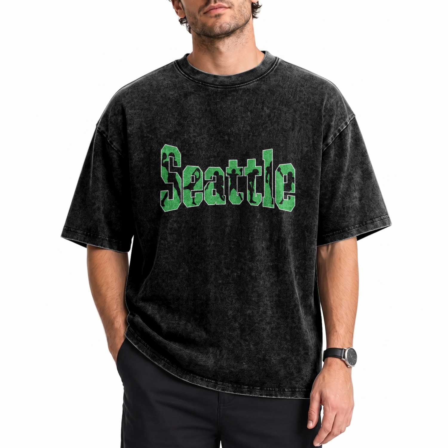 Seattle Sports Player Silhouette Washed Cotton T-Shirt Gift For Football Lovers
