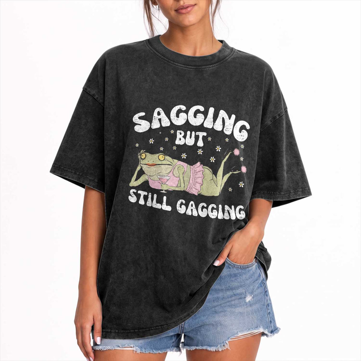 Funny Sagging But Still Gagging Washed Cotton T-Shirt Sarcastic Frog Humor