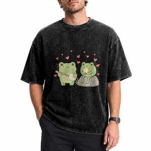 Cute Frog Lover Gift Washed Cotton T-Shirt Romantic Frog Music