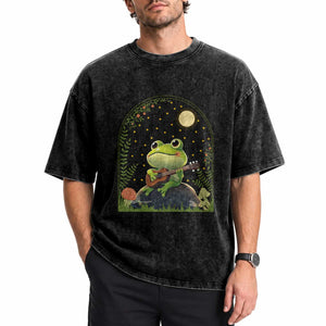 Frog Playing Guitar Washed Cotton T-Shirt Gift for Musicians