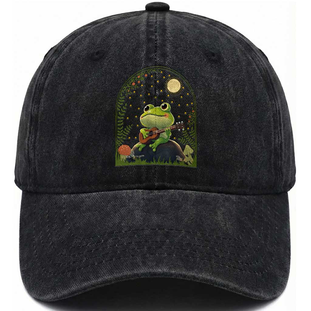 Frog Playing Guitar Washed Cotton Baseball Cap Gift for Musicians TS12 Print Your Wear