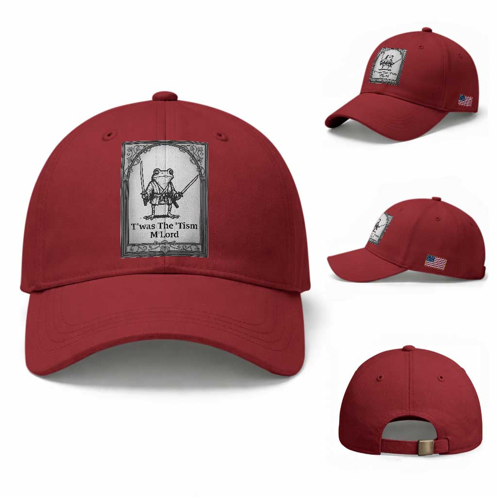 T’was The Tism M’Lord Baseball Cap Funny Medieval Knight Frog Gift TS12 Baseball Cap Universal Fit Cherry Red Print Your Wear