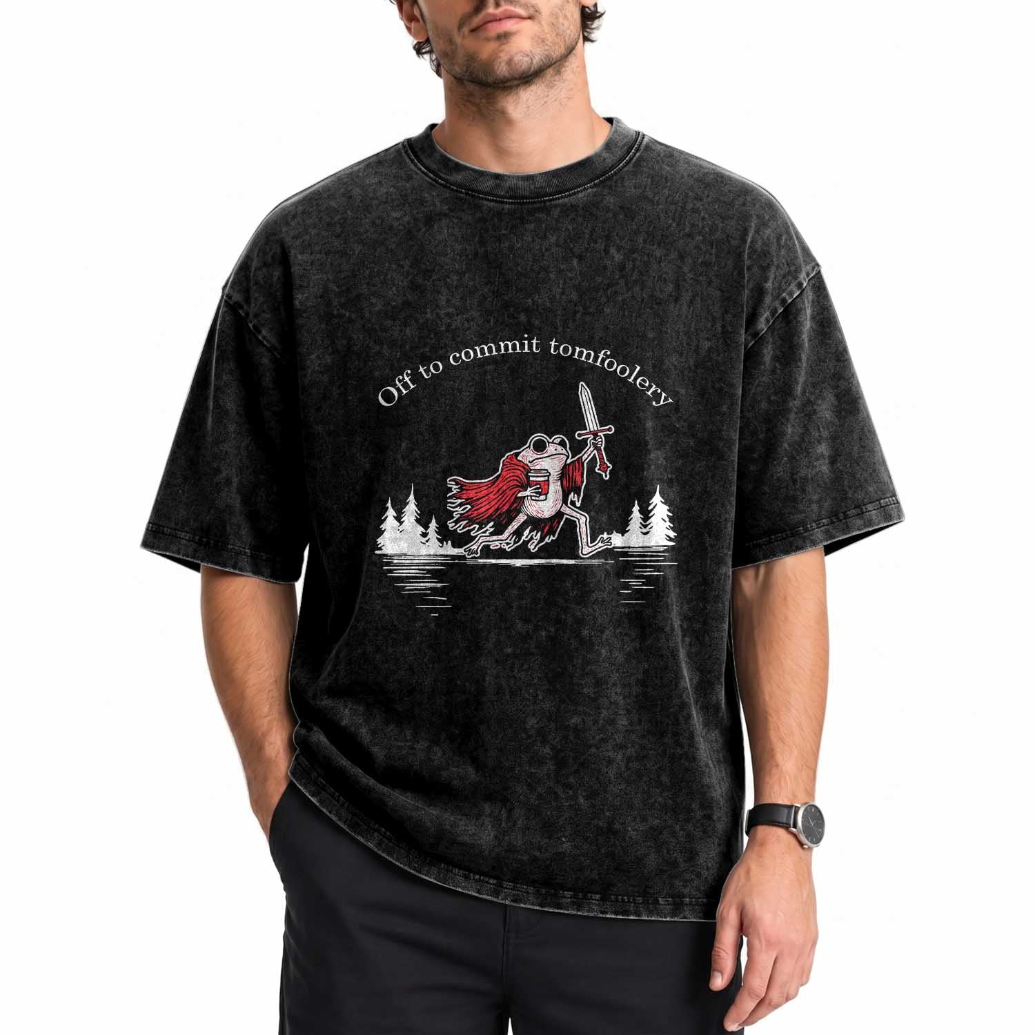 Off To Commit Tomfoolery Washed Cotton T-Shirt Frog Coffee Lover Gift