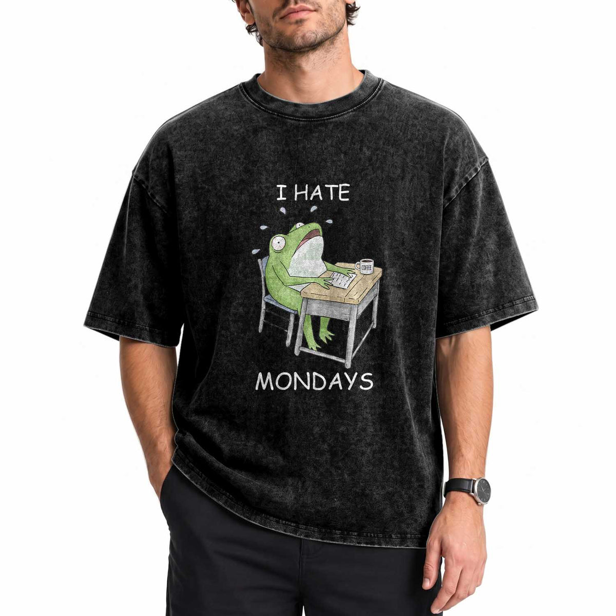 Funny Office Frog Washed Cotton T-Shirt I Hate Mondays
