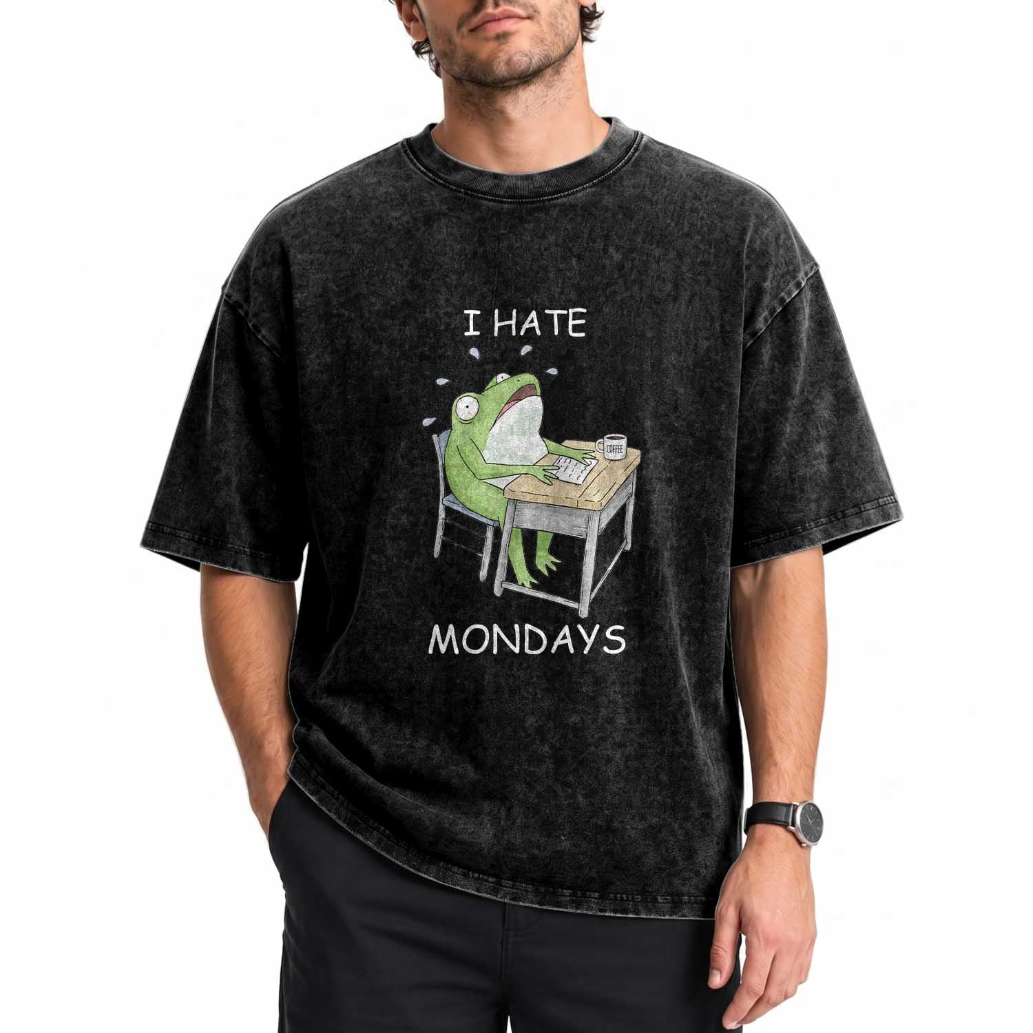 Funny Office Frog Washed Cotton T-Shirt I Hate Mondays