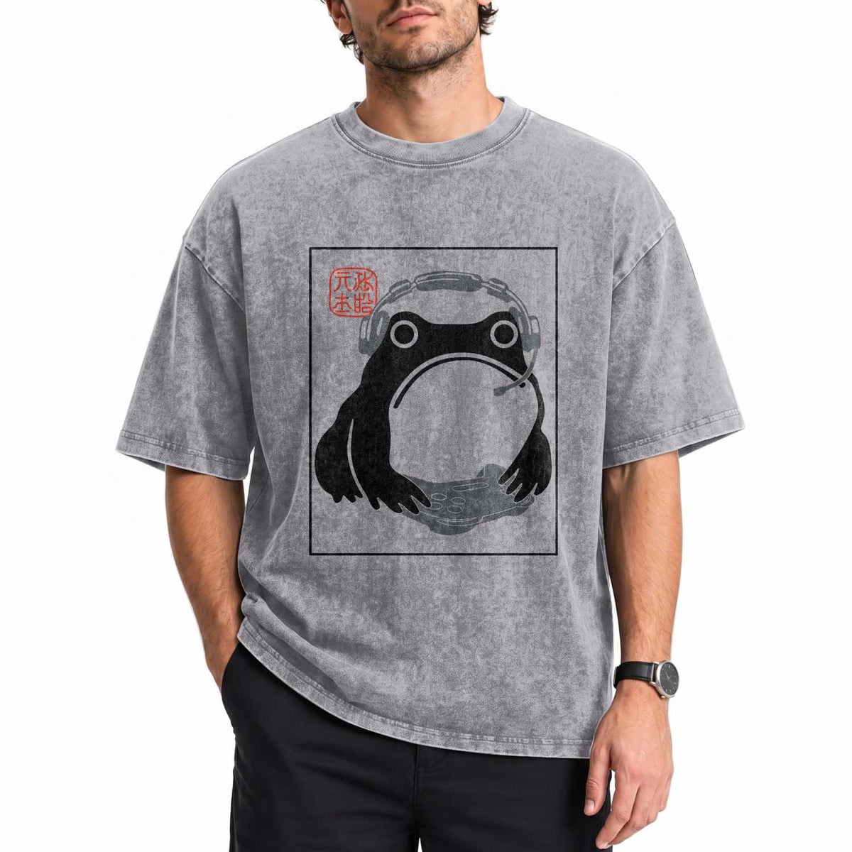 Grumpy Frog Gamer Japanese Ink Painting Washed Cotton T-Shirt
