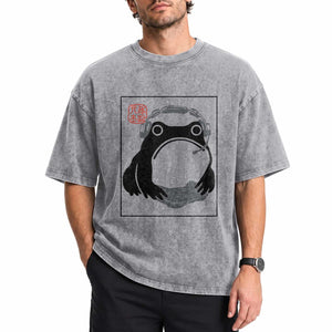 Grumpy Frog Gamer Japanese Ink Painting Washed Cotton T-Shirt