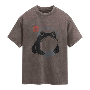 Grumpy Frog Gamer Japanese Ink Painting Washed Cotton T-Shirt