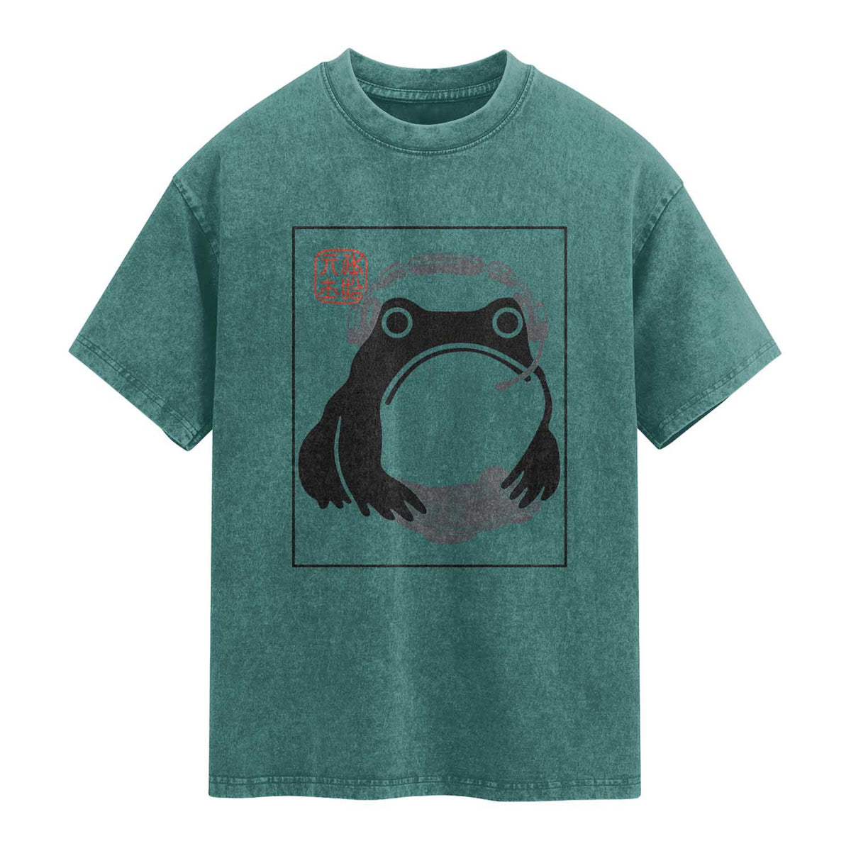 Grumpy Frog Gamer Japanese Ink Painting Washed Cotton T-Shirt
