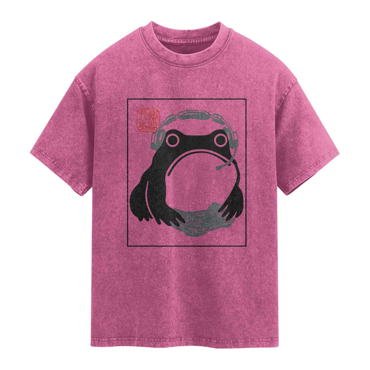 Grumpy Frog Gamer Japanese Ink Painting Washed Cotton T-Shirt