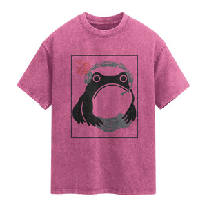 Grumpy Frog Gamer Japanese Ink Painting Washed Cotton T-Shirt