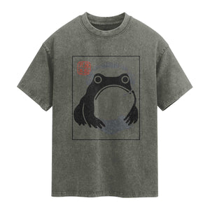 Grumpy Frog Gamer Japanese Ink Painting Washed Cotton T-Shirt
