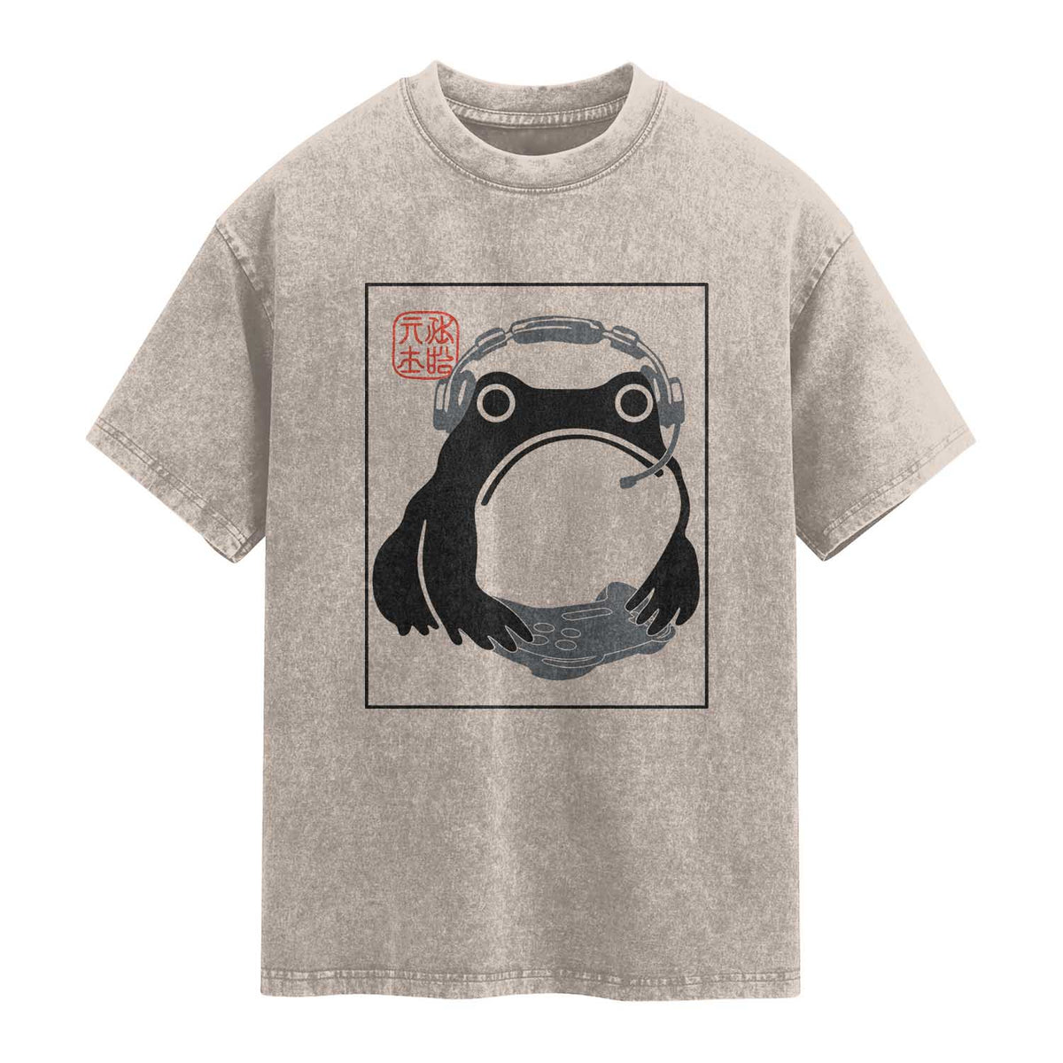 Grumpy Frog Gamer Japanese Ink Painting Washed Cotton T-Shirt