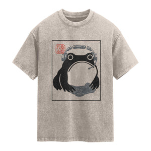 Grumpy Frog Gamer Japanese Ink Painting Washed Cotton T-Shirt