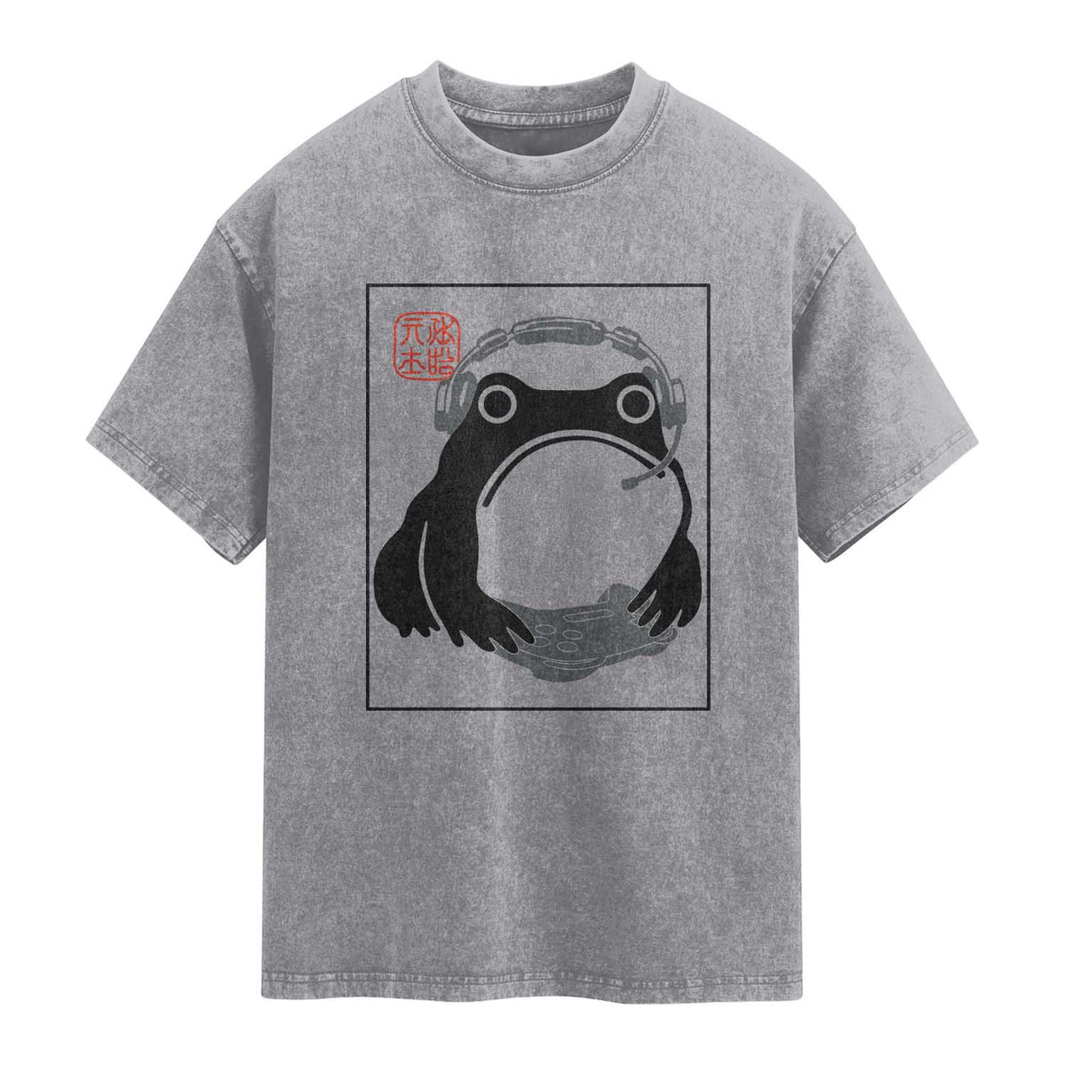 Grumpy Frog Gamer Japanese Ink Painting Washed Cotton T-Shirt