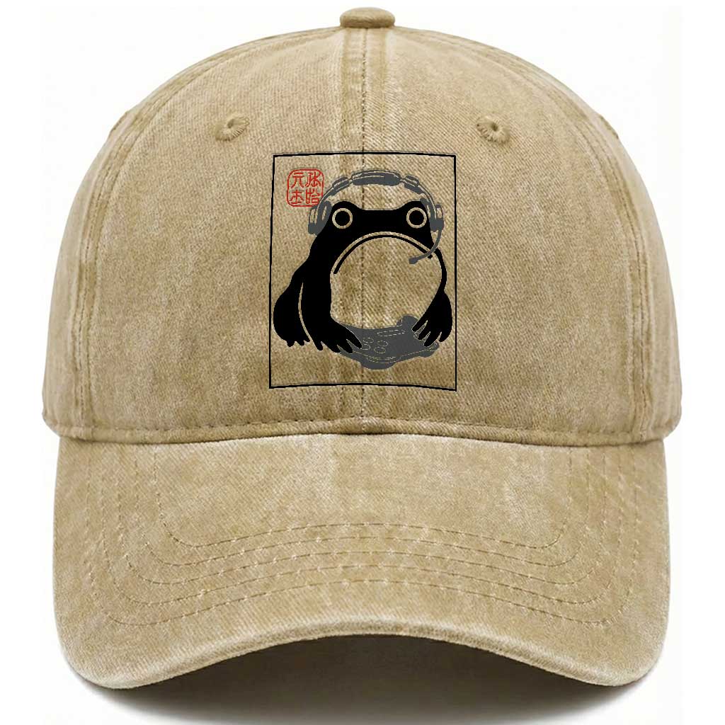 Grumpy Frog Gamer Japanese Ink Painting Washed Cotton Baseball Cap TS12 Print Your Wear
