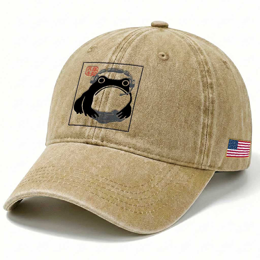 Grumpy Frog Gamer Japanese Ink Painting Washed Cotton Baseball Cap TS12 Print Your Wear