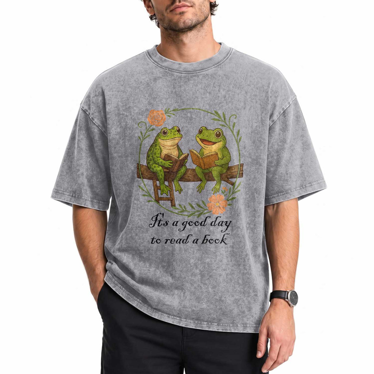 It Is A Good Day To Read A Book Washed Cotton T-Shirt Frog Book Lover