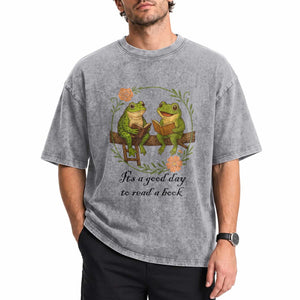It Is A Good Day To Read A Book Washed Cotton T-Shirt Frog Book Lover