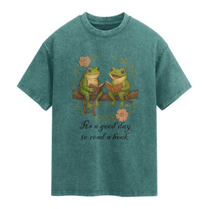 It Is A Good Day To Read A Book Washed Cotton T-Shirt Frog Book Lover