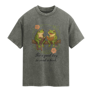 It Is A Good Day To Read A Book Washed Cotton T-Shirt Frog Book Lover