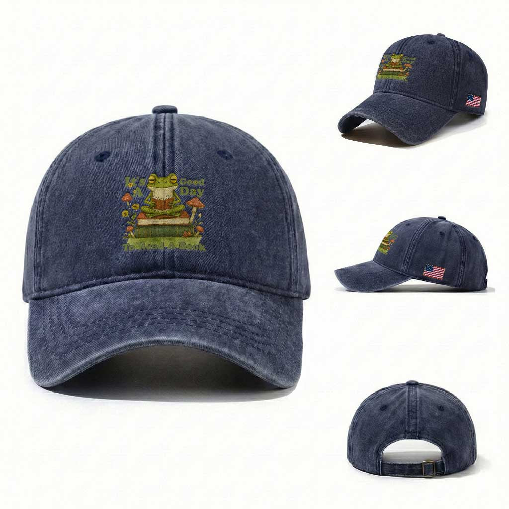 It Is A Good Day To Read A Book Washed Cotton Baseball Cap Funny Frog Reading TS12 Washed Cap Universal Fit Navy Print Your Wear