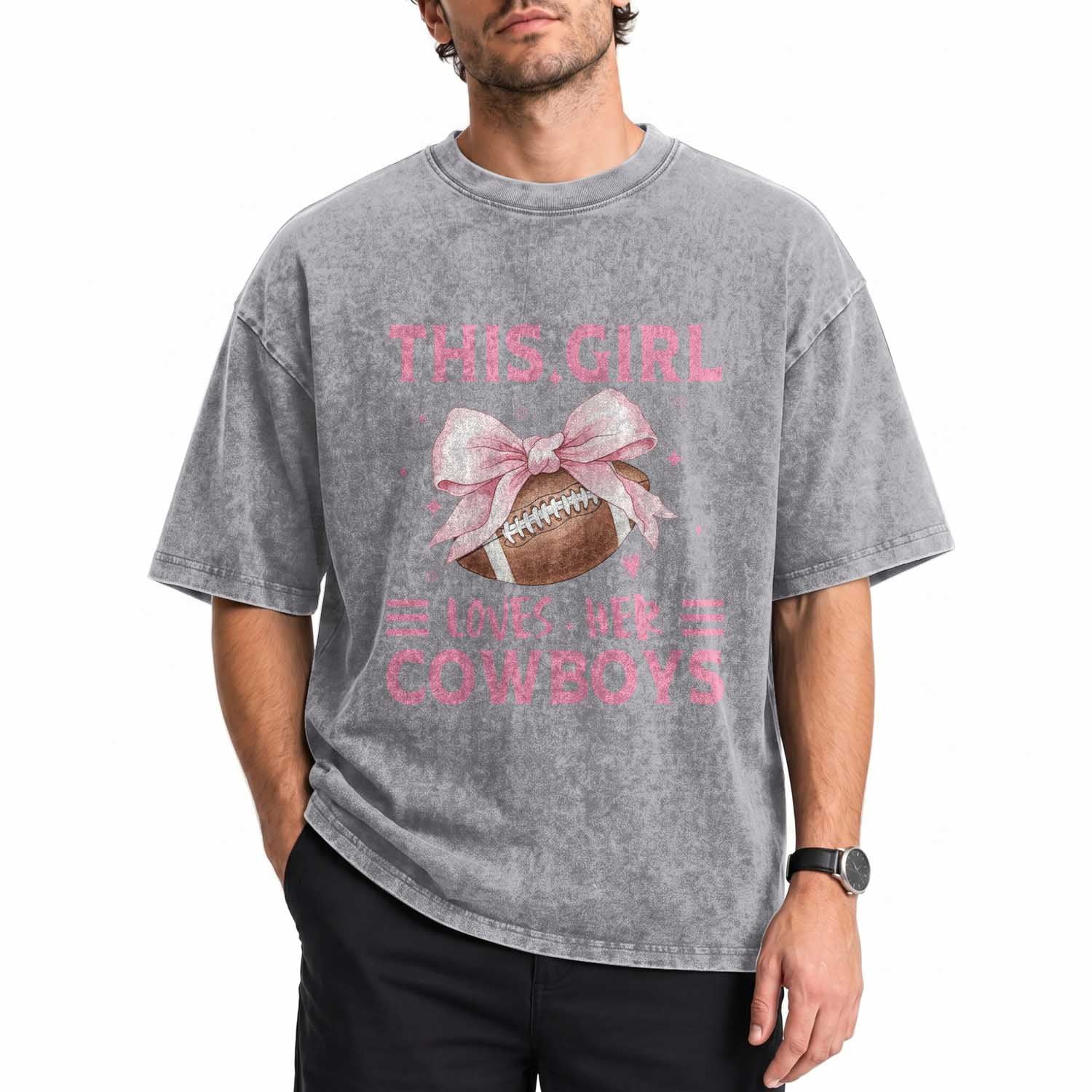 This Girl Loves Her Cowboy Washed Cotton T-Shirt Pink Bow FF Gift