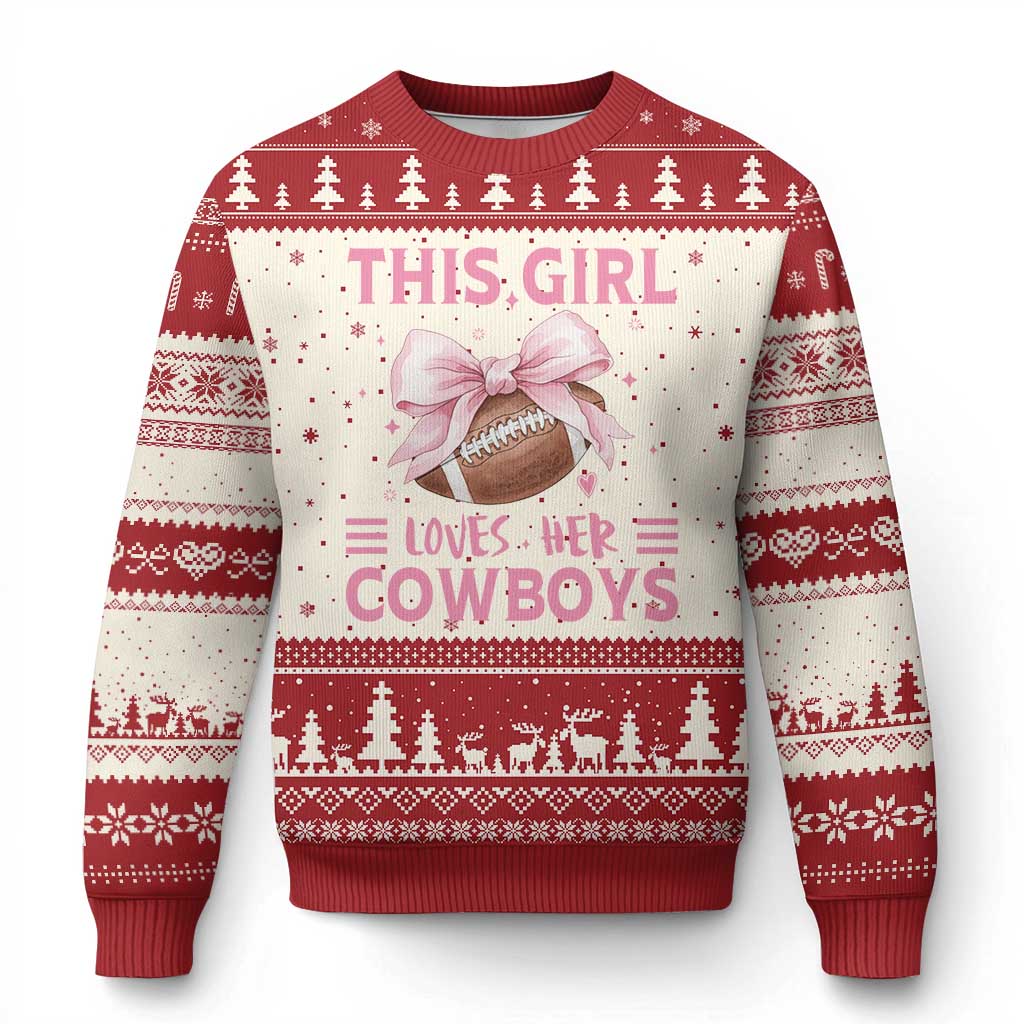 This Girl Loves Her Cowboy Ugly Christmas Sweater Pink Bow FF Gift TS12 Beige Red Print Your Wear